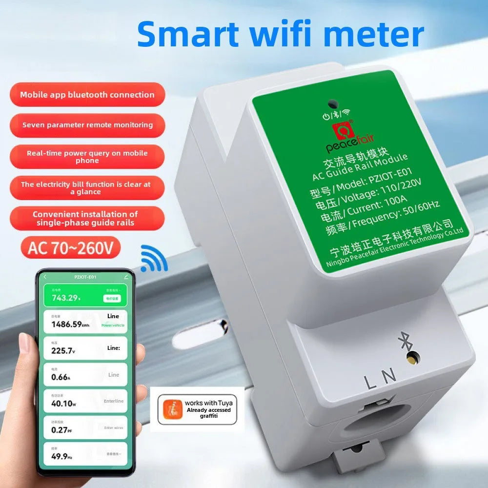 Tuya WiFi Smart Single Phase Energy Meter 6 In 1 AC Electric Din Rail Smart Power Consumption Meters Wattmeter Voltmeter Ammeter Vue