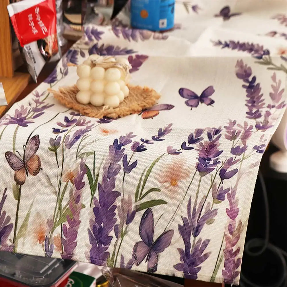 Table Flag Flower Printed Linen Table Runner Purple Lavender Vintage Table Cover Reusable 183CM Tablecloth Valentine's Day Vue
