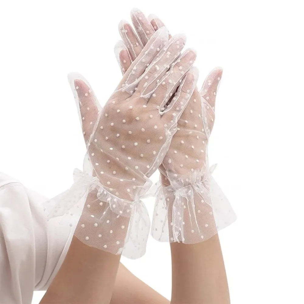 Fashion Ultra Thin Tulle Polka Dot Gloves Full Finger Breathable Lace Vue White
