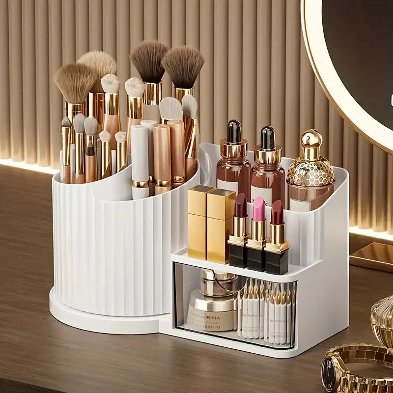 360° Rotating Makeup Organizer with Brush Holder & Drawer Desktop Large Capacity Skincare Cosmetic Tools Lipstick Display Cases Vue White