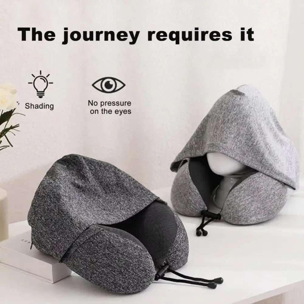 Adjustable Drawstring Hooded Travel Pillow Breathable Washable U-shaped Pillow with Cap Comfortable Soft Support Vue
