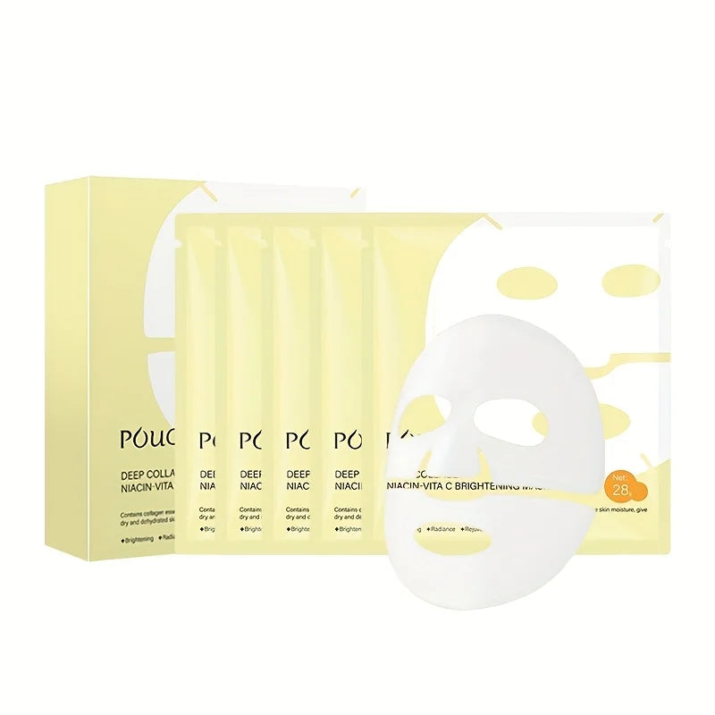 1 Box*5 Pieces of White and Yellow Collagen Face Mask, Containing Collagen + Niacinamide + Vitamin C, Moisturizing and Hydrating, Can Be Given as a Gift to Family and Friends. Vue 1 Box 5 Pieces