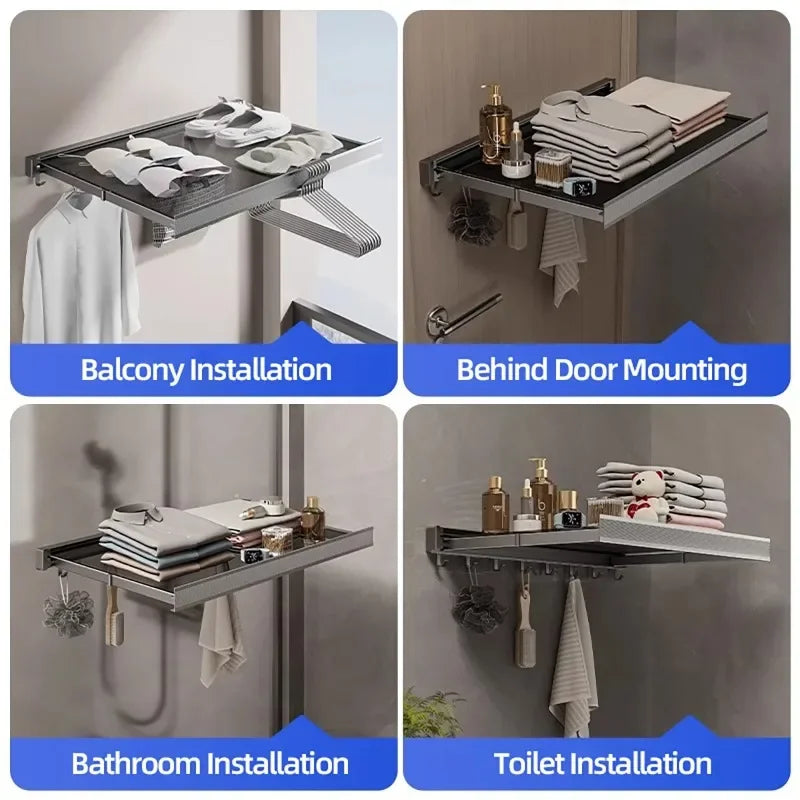 Wall Mounted Foldable Hat & Clothes Rack - Space Saving Organizer with Multi-Hooks for Bathroom, Balcony and Entryway Storage Vue