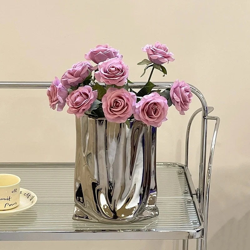 Ceramic Silver Vase Flower Arrangement Modern Nordic Living Room Tabletop Centerpiece Home Decoration Ornament Vue