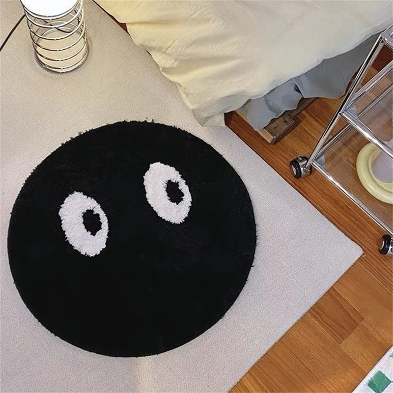 Black Round Rug Cute Small Face Soft Bedroom Bedside Accent Mat Non Slip Home Floor Pad For Kids Teens Women Dorm Room Gift Vue