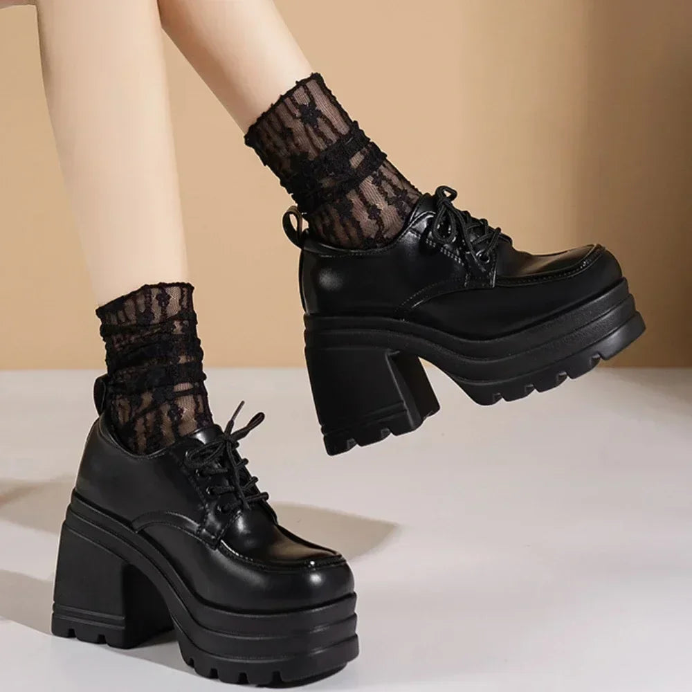 Women's Lolita Lace-Up Platform Loafers | Square Toe Mary Janes Platform Lace-Up Loafers Vue