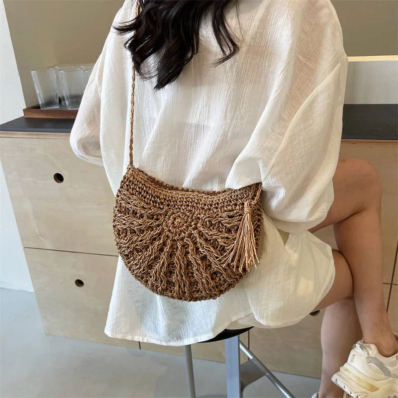 Half Round Straw Bag Women Summer Beach Rattan Shoulder Zipper Woven
