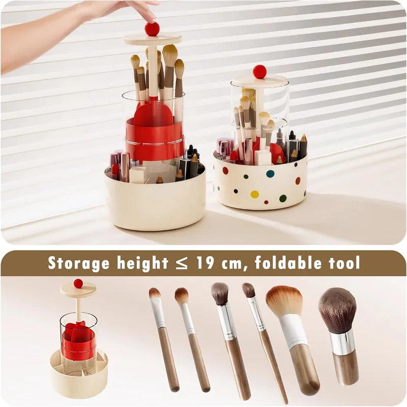 360° Rotating Makeup Brush Holder With Lid Automatic Lifting Dustproof Makeup Brushes Organizer Large Capacity Comestic Storage Vue