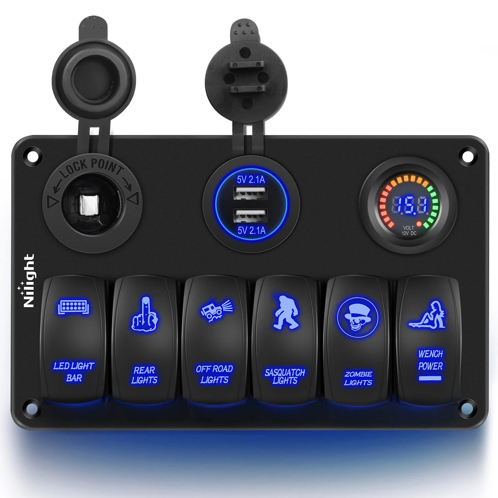Nilight 6 Gang Rocker Switch Panel Laser Etched Aluminum LED Light Bar with Cigarette Lighter and Dual USB Charger Voltmeter for 12V-24V Cars Trailers UTV Boats RVs Campers Vue