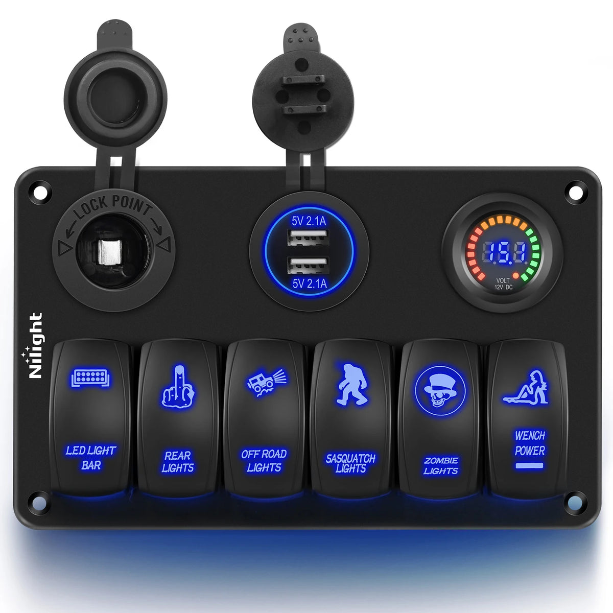 Nilight 6 Gang Rocker Switch Panel Laser Etched Aluminum LED Light Bar with Cigarette Lighter and Dual USB Charger Voltmeter for 12V-24V Cars Trailers UTV Boats RVs Campers Vue