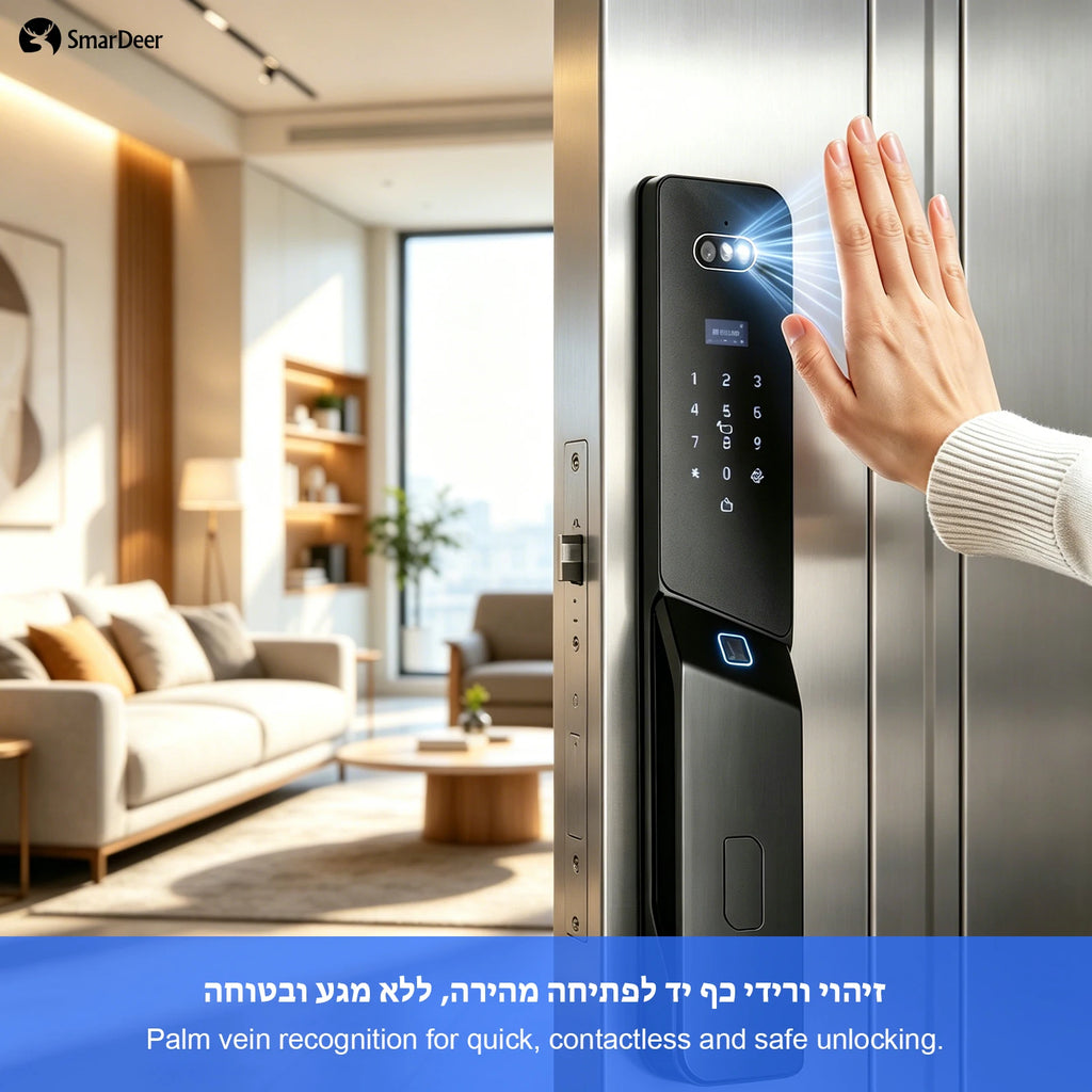 SmarDeer 3D Face & Palm Vein Smart Lock IP66 Waterproof 7-in-1 Unlock Israel 6590 Mortise Tuya App Remote Control Vue