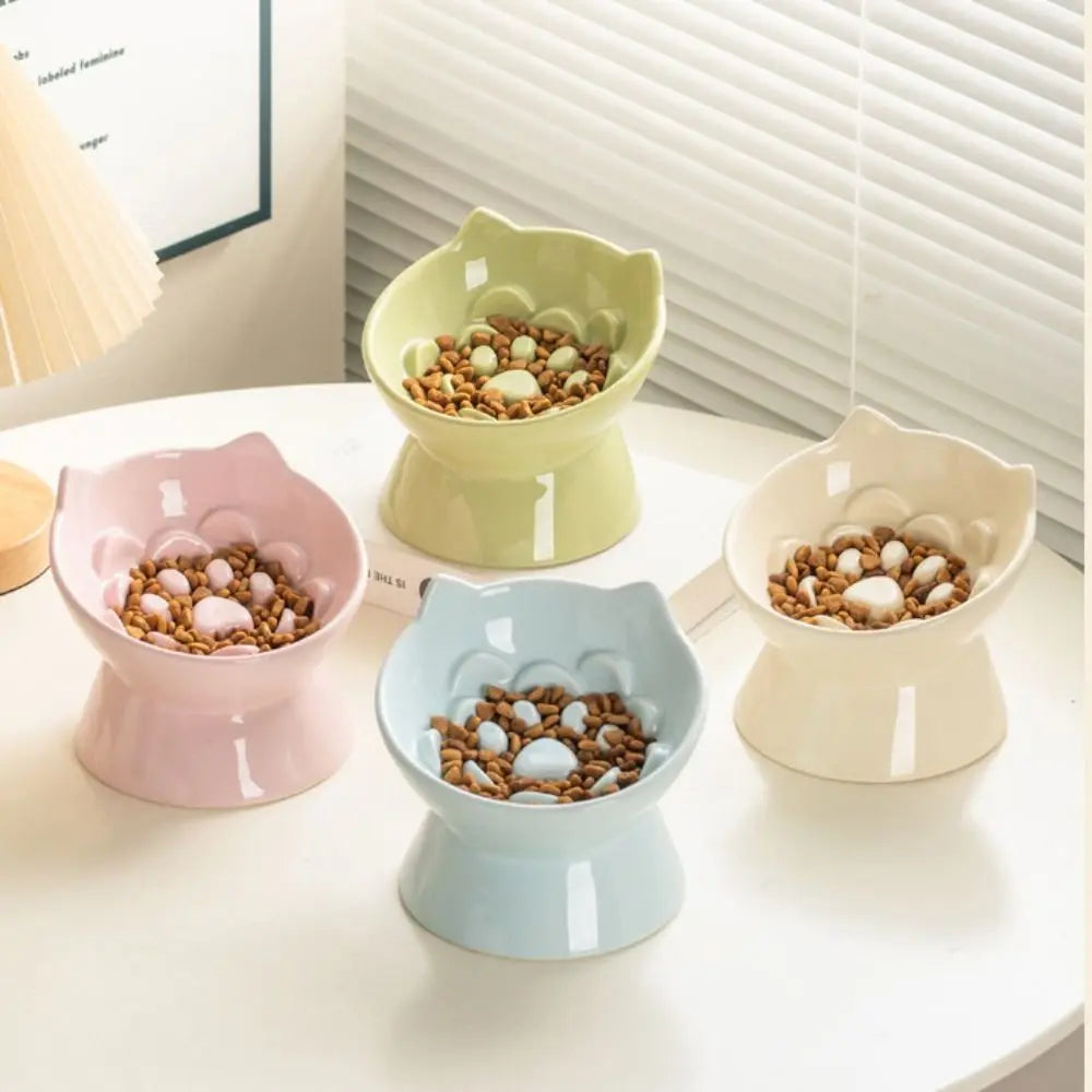 Ceramic Cat Slow Food Bowl Cute Slanted Mouth Dog Feeding Basin Creative Large Capacity Pet High Foot Bowl Kitten Puppy Vue