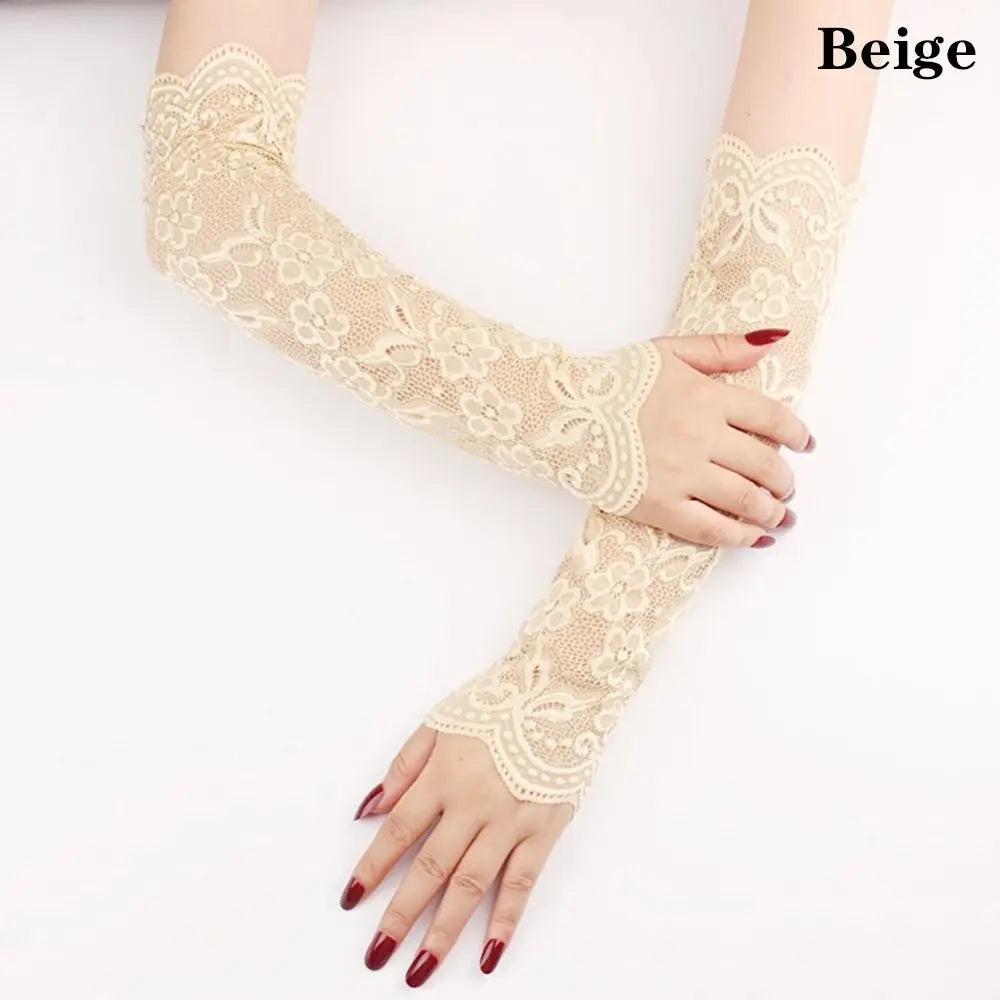 Summer Lace Thin Arm Sleeves Finger Mittens Fingerless Gloves Cycling Vue beige