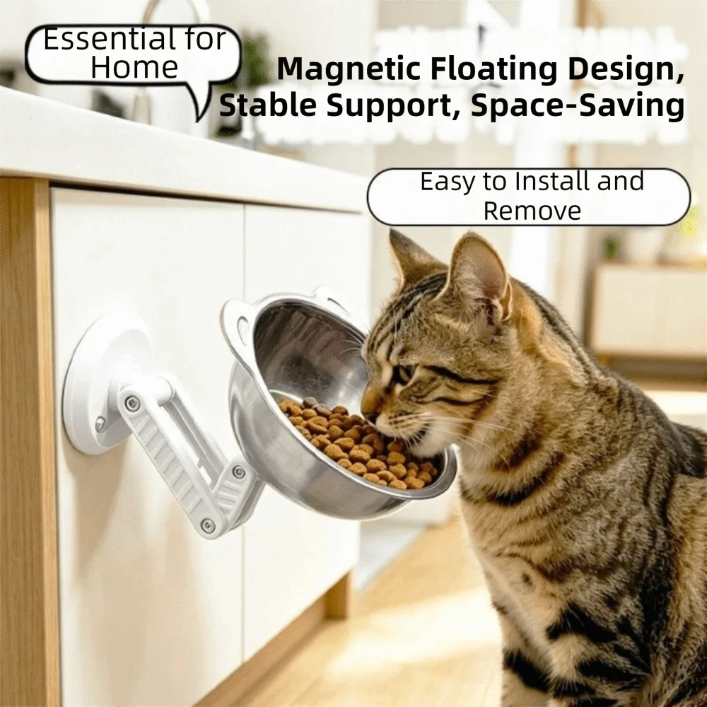 Stainless Steel Magnetic Cat Bowl Space Saving Height Adjustable Dogs Water Bowl No-Drill Leak-Proof Cervical Spine Bowl Kennels Vue