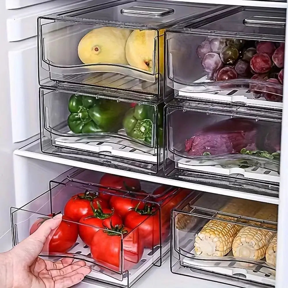 Plastic Drawer-type Fresh-keeping Box Large Capacity Stackable Refrigerator Storage Box Dust-Proof with Drain Tray Vue