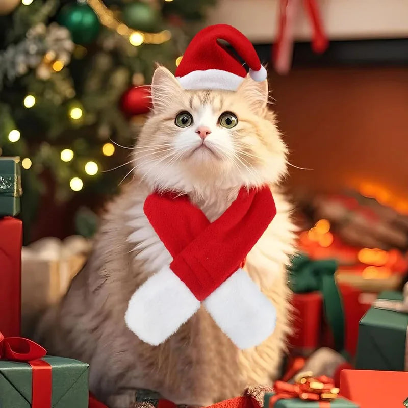 1-10PC Pet Christmas Hat and Scarf Set Adjustable Soft Outfit Holiday Costume for Cats and Small Dogs Party Dress Up Accessories Vue