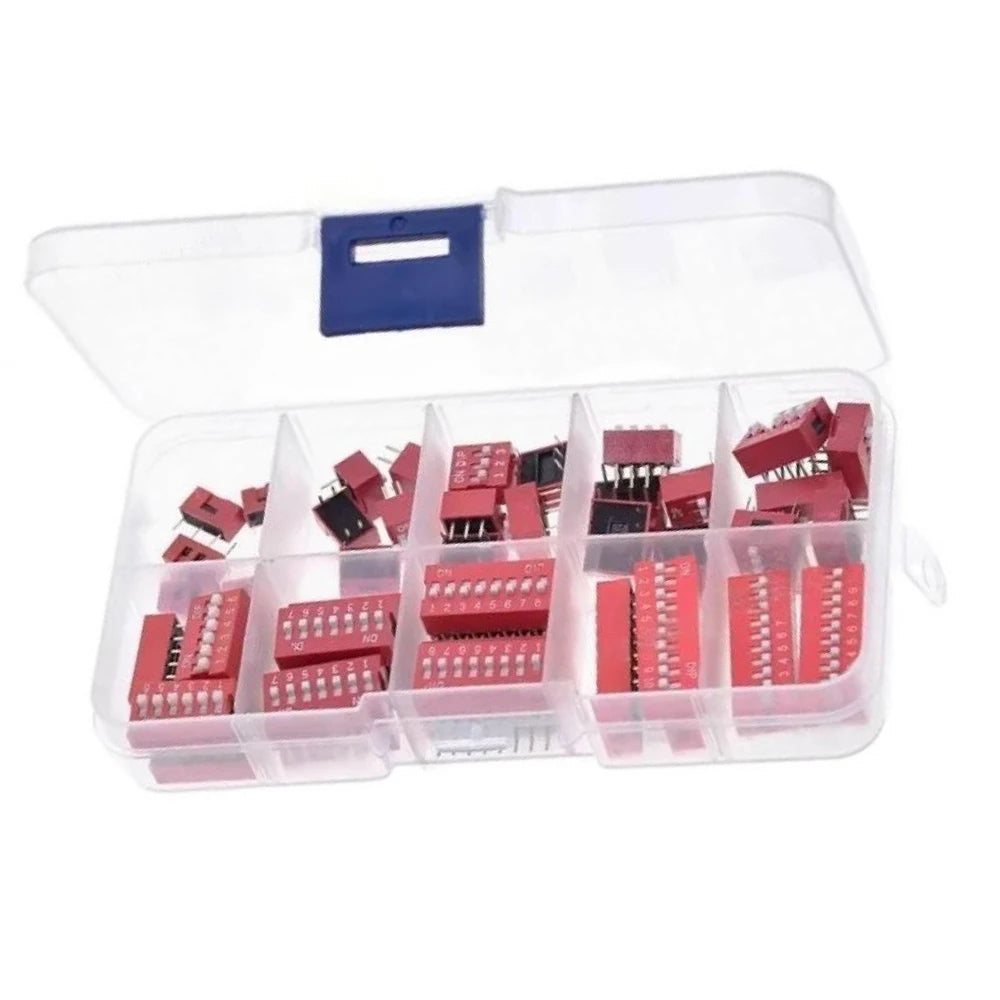 45PCS/Box Dip Switch Kit 1/2/3/4/5/6/7/8/9P 2.54mm Spacing Toggle Switch Red Snap Switches Mixed Kit Each 5PCS Combination Set Vue