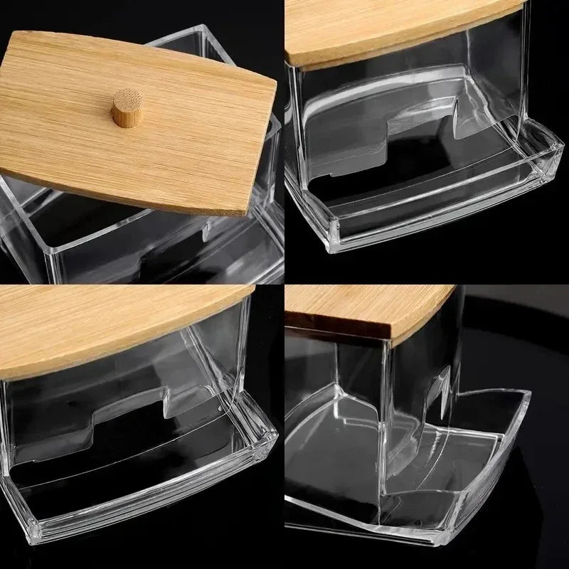 vvocci Storage Box Double Cotton Swab Toothpick Organize Cotton Swab Head Cotton Buds Container Transparent Square Bamboo Cover Vue