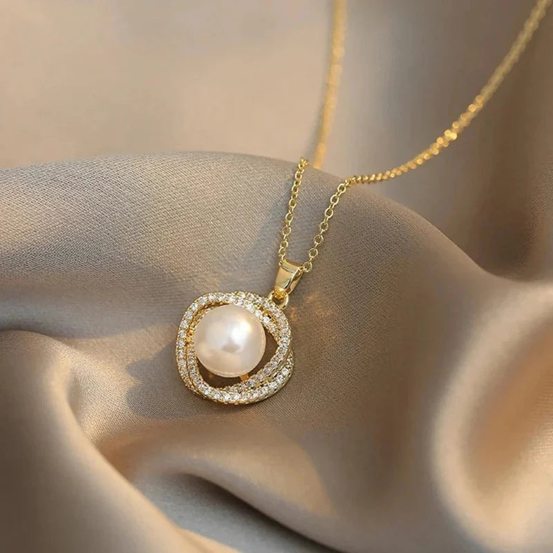 Huitan Gold Knot Pendant Necklace – Pearl & CZ Women's Jewelry Pendant Necklace Vue XL1644 41cm 5cm