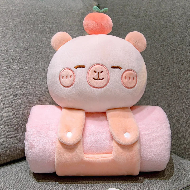 2 in 1 Capybara Panda Pillow Blanket Plush Roll,Kawaii Stuffed Pillow Warm Lap Throw for Office Nap Soft Gift for Girls Kids Vue Pink Capybara 80x100cm