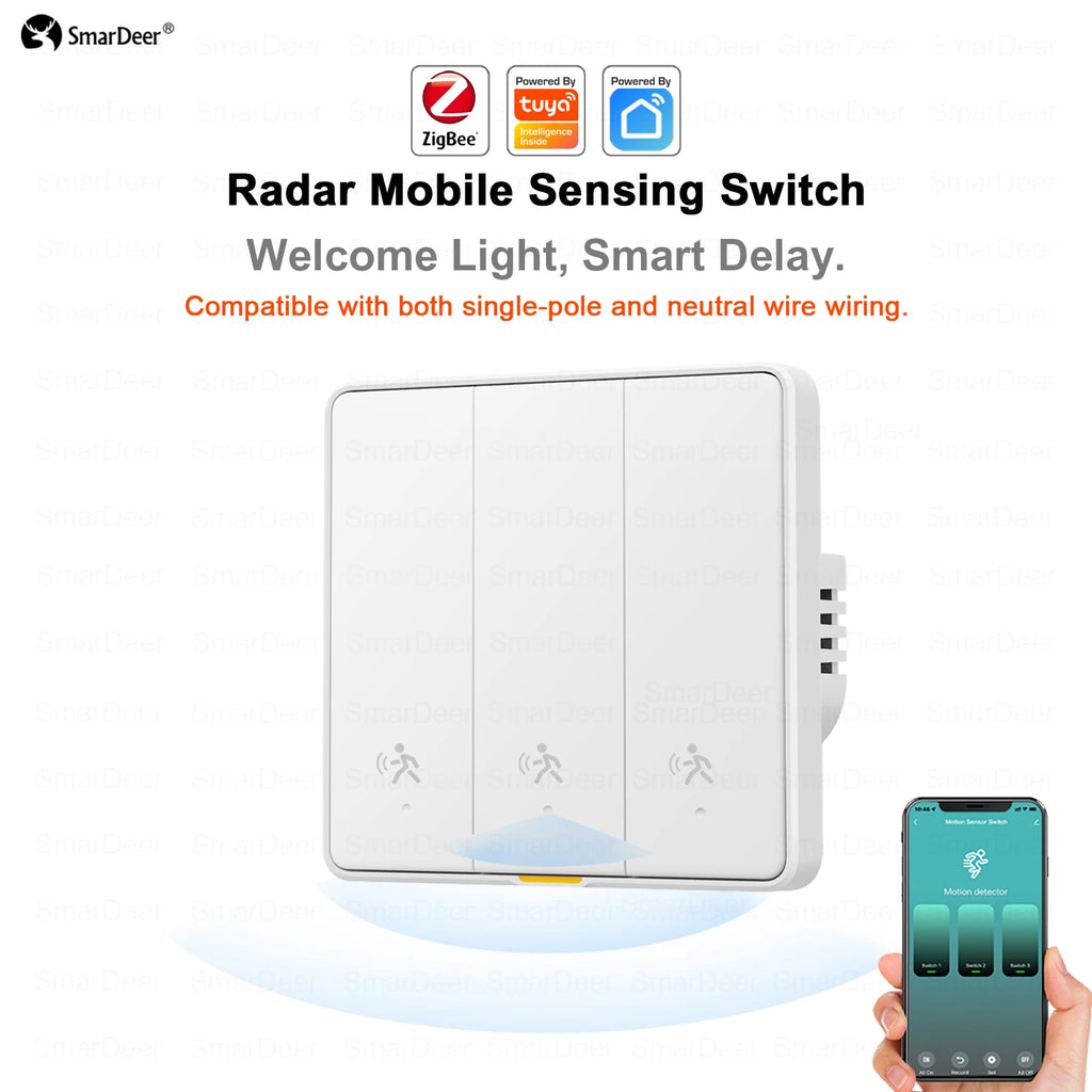 SmarDeer ZigBee Smart Switch with Motion Sensor,Human Body Presence Detector Auto Light ON/OFF,Tuya Wall Light Switch for EU Vue 3 Gang