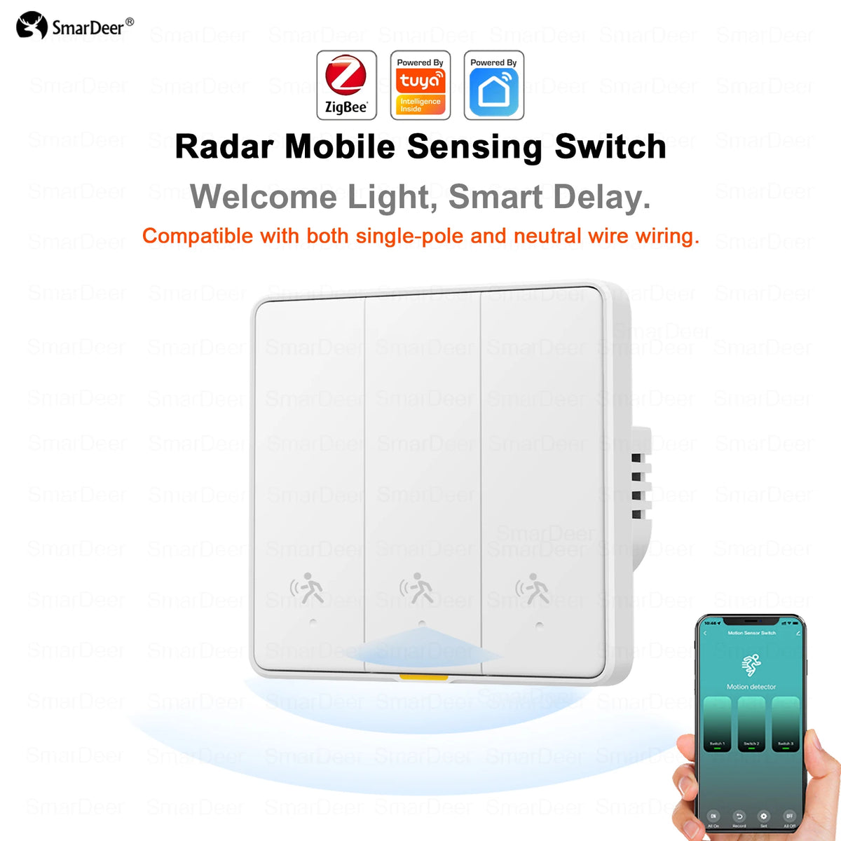 SmarDeer ZigBee Smart Switch with Motion Sensor,Human Body Presence Detector Auto Light ON/OFF,Tuya Wall Light Switch for EU Vue 3 Gang