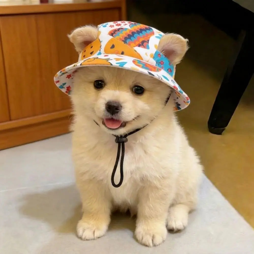 Breathable Cat Dog Sun Hat Ear Holes Adjustable Drawstring Pet Bucket