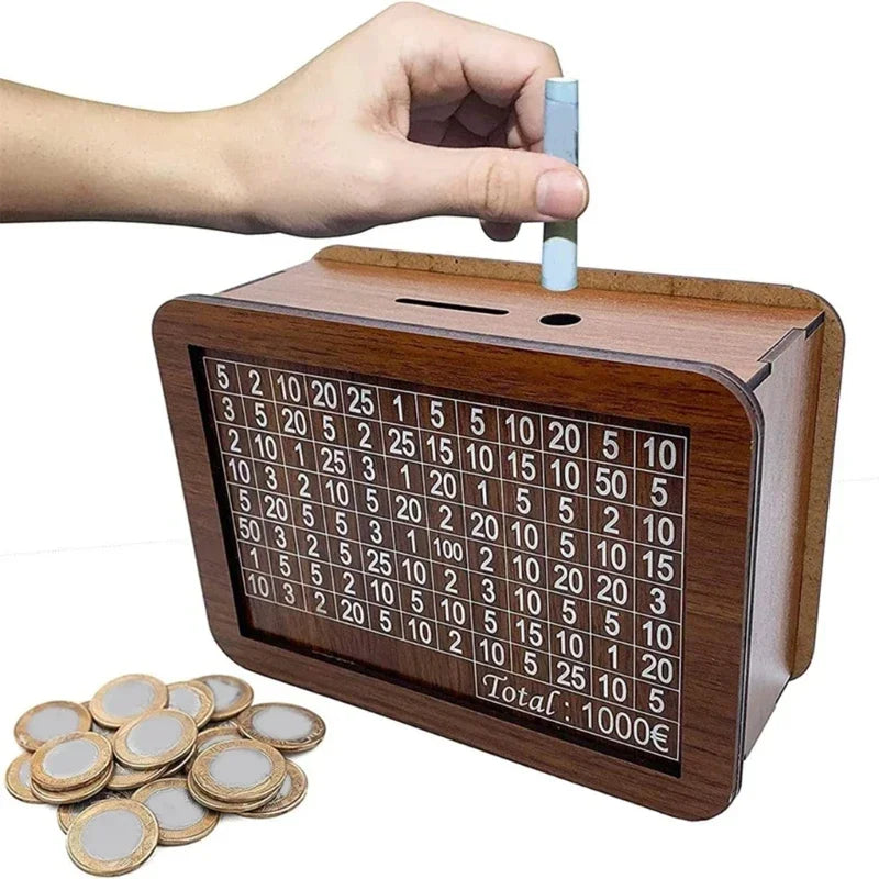 Euro Money Wood Box Piggy Bank Wood Money Bank Reusable Money Box with Saving Goal and Numbers Money Boxes Money Drawer Vue