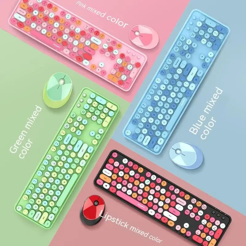 Sweet Wireless Keyboard and Mouse Set for Girls Office Typing Mechanical Hand Feel Keyboard Retro Rainbow Vue