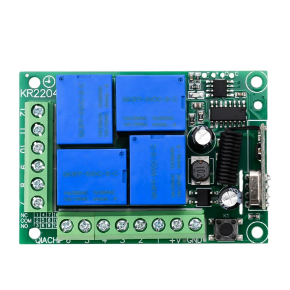 AC90-220V 433MHZ 4 Way Relay Module Wireless Controller Receiver Supports Jog Self-Locking Interlocking Mode for Gate Door LED Vue