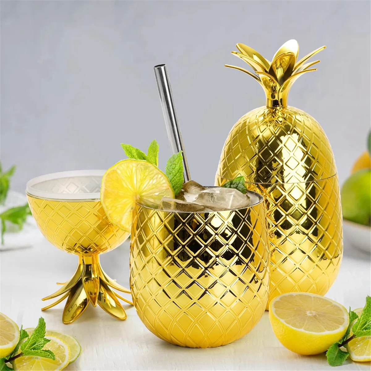 2 Pack Pineapples Drink Cups, 450Ml Gold Pineapples Tumbler with Stretched Straw, Hawaiian Luau Party Cups Vue