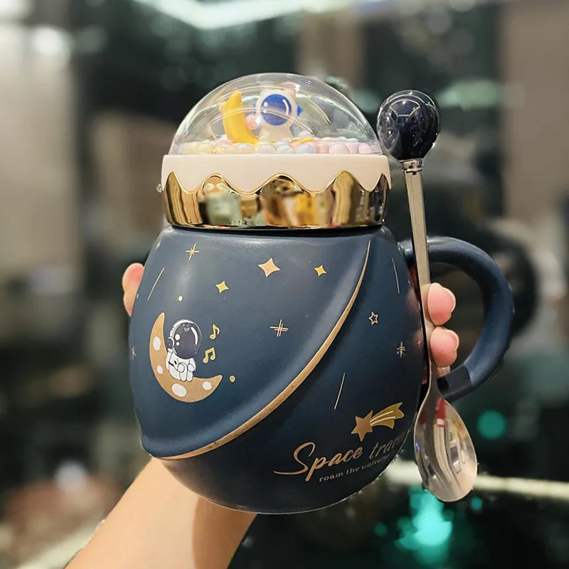 Astronaut Series Ceramic Mug with Lid Spoon Cute Business Gift Box Creative Ceramic Coffee Tea Cup Holiday Birthday Girls Gifts Vue