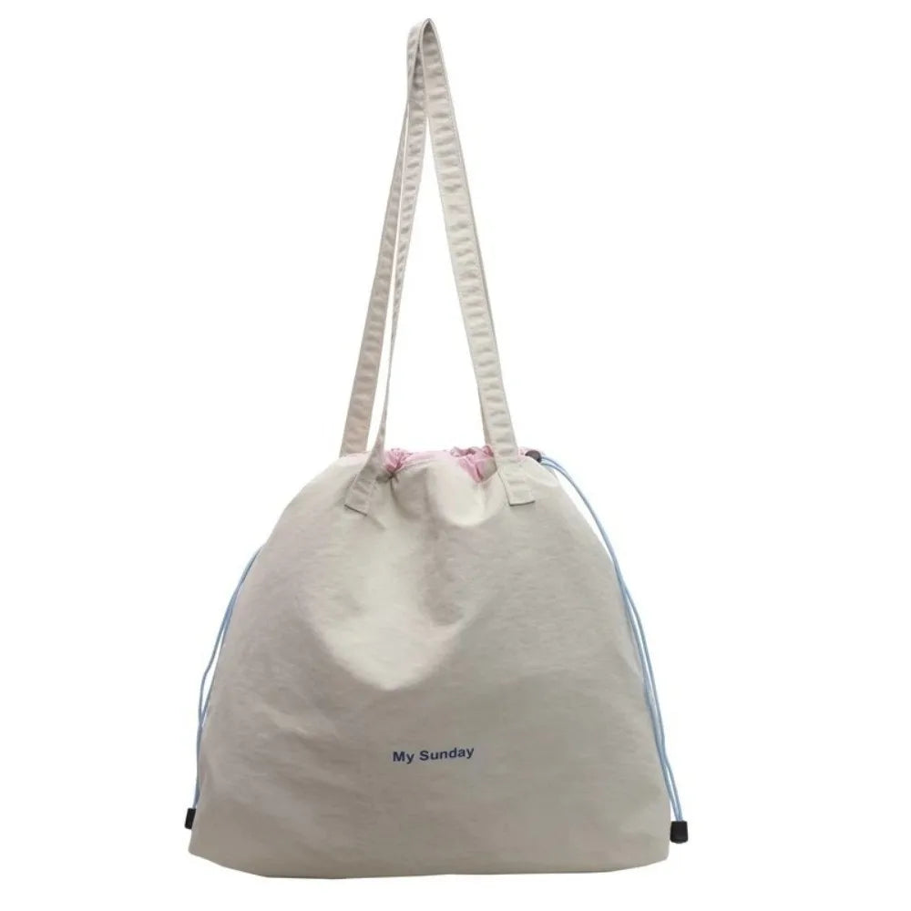 Large Capacity Tote Bag Canvas Lightweight Shoulder Drawstring Women