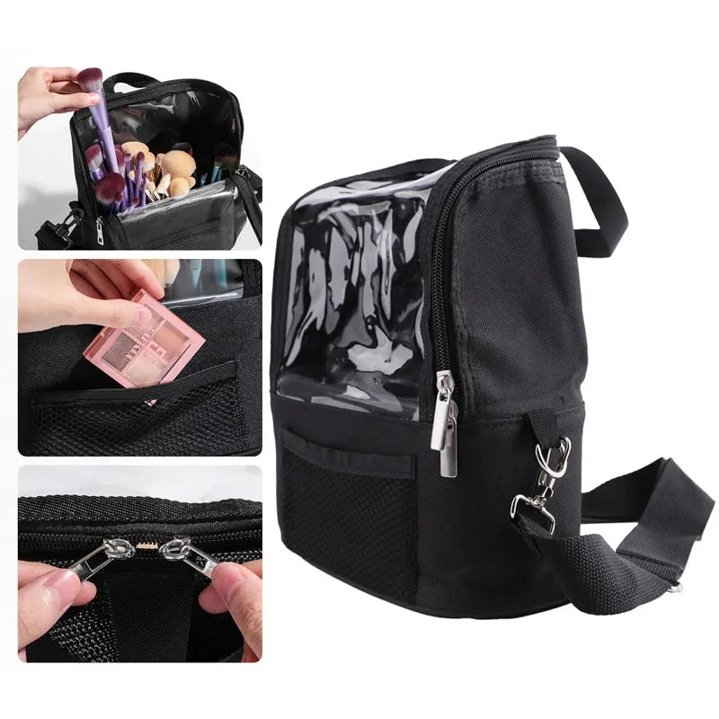 Clear Makeup Brush Holder with Lid Large Capatity Makeup Brushes Storage Bag Stand-up Makeup Artist Bags With Strap and Dividers Vue