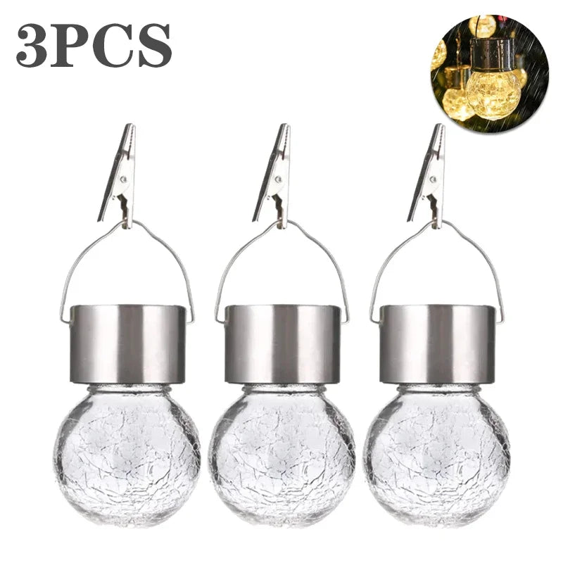 1/3/5PCS Solar Powered Outdoor Hanging Lights Colorful LED Cracked Glass Ball Design Waterproof Pathway Lantern for Garden Decor Vue Warm-3PCS