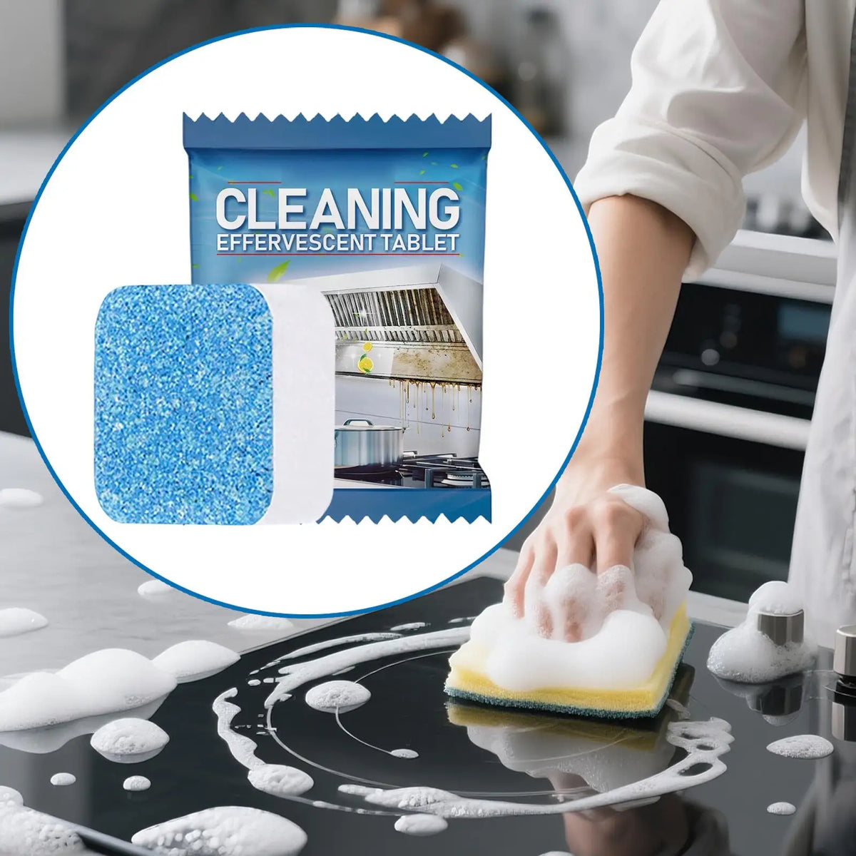 Effervescent Multi-Purpose Grease Remover Tablets, Powerful Kitchen Stove Cleaner & Degreaser for Grill, Range Hood & Appliances Vue