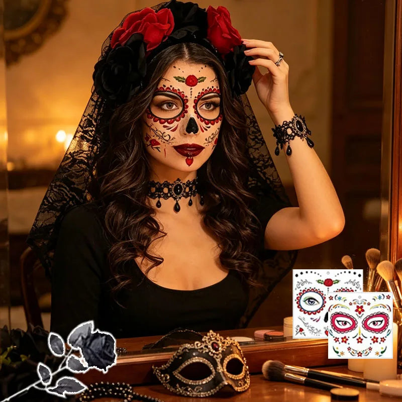 1-5Sets Halloween Lace Veil Headband with Rose Necklace and Bracelet Day of the Dead Costume Accessory for Party Favor Vue