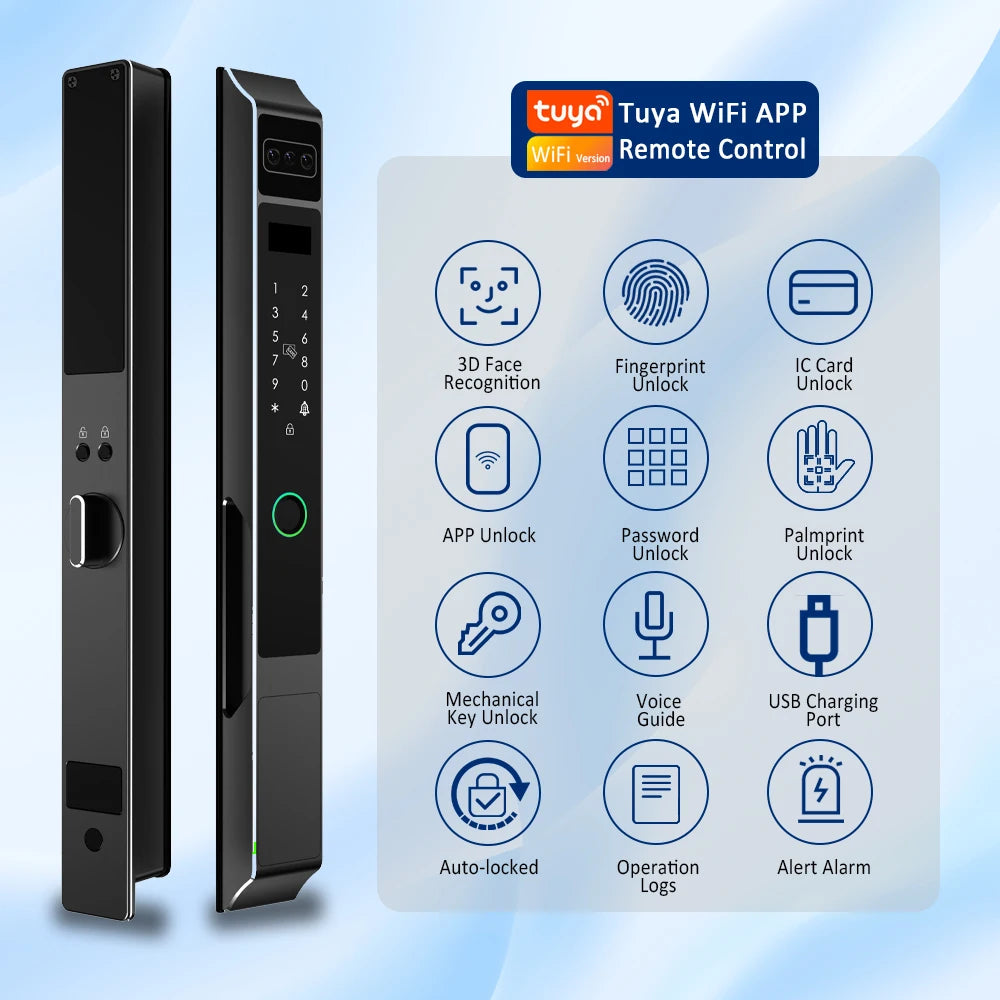 Tuya Smart WiFi Cerradura Inteligente 3D Facial Recognition Automatic Smart Lock With Fingerprint Password Card Palmprint Unloc Vue