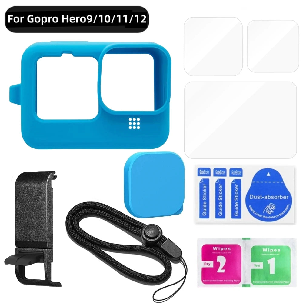 Silicone Case for GoPro Hero 12 11 10 9 Black Tempered Glass Screen Protector Protective Film Lens Cap Cover for Go Pro 11 Case Vue Set 6