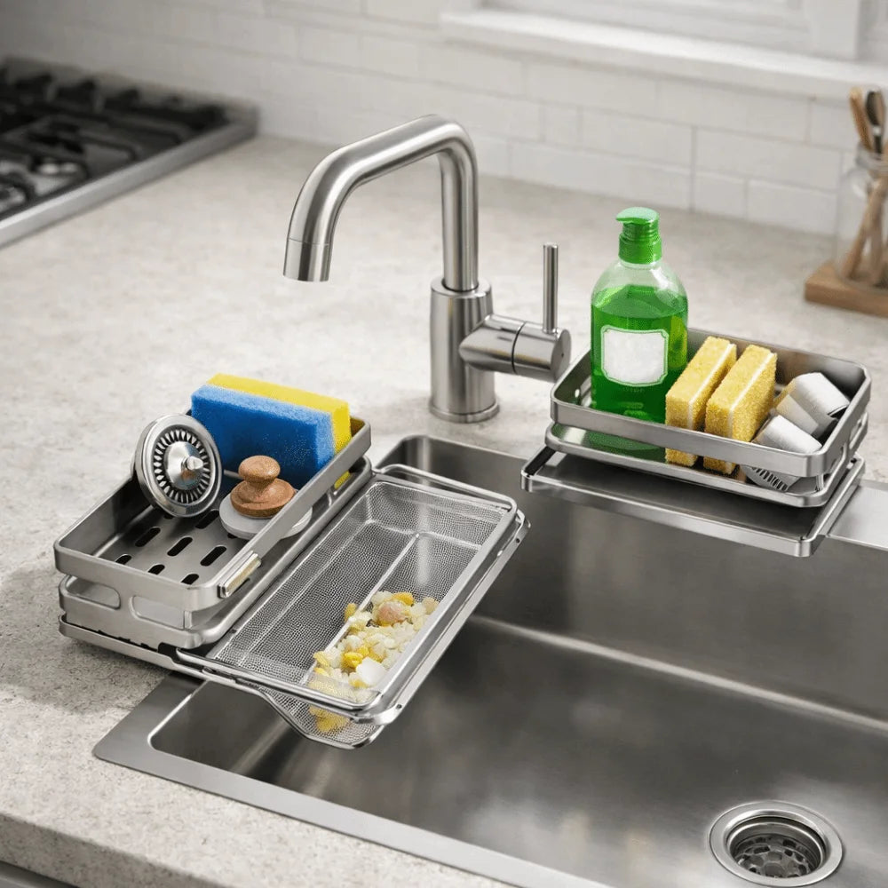 Large Capacity Kitchen Sink Drain Rack Moisture-proof Waterproof Sink Sponge Rack with Water Tray Space Saving Vue