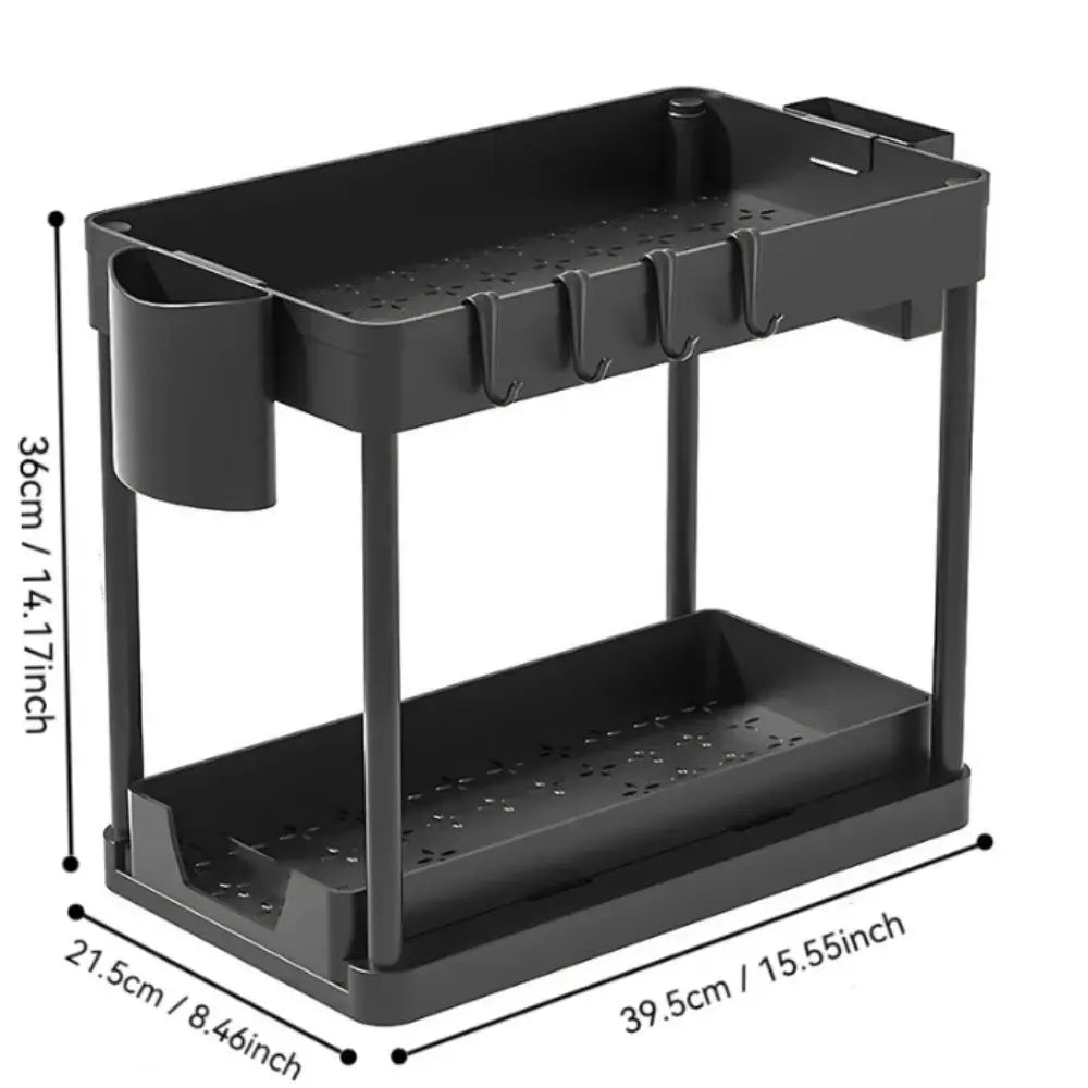 2 Tier Kitchen Sink Organizer Multi-function Hanging Cup Storage Rack With Hooks Sliding Inner Basket Sliding Cabinet Basket Vue