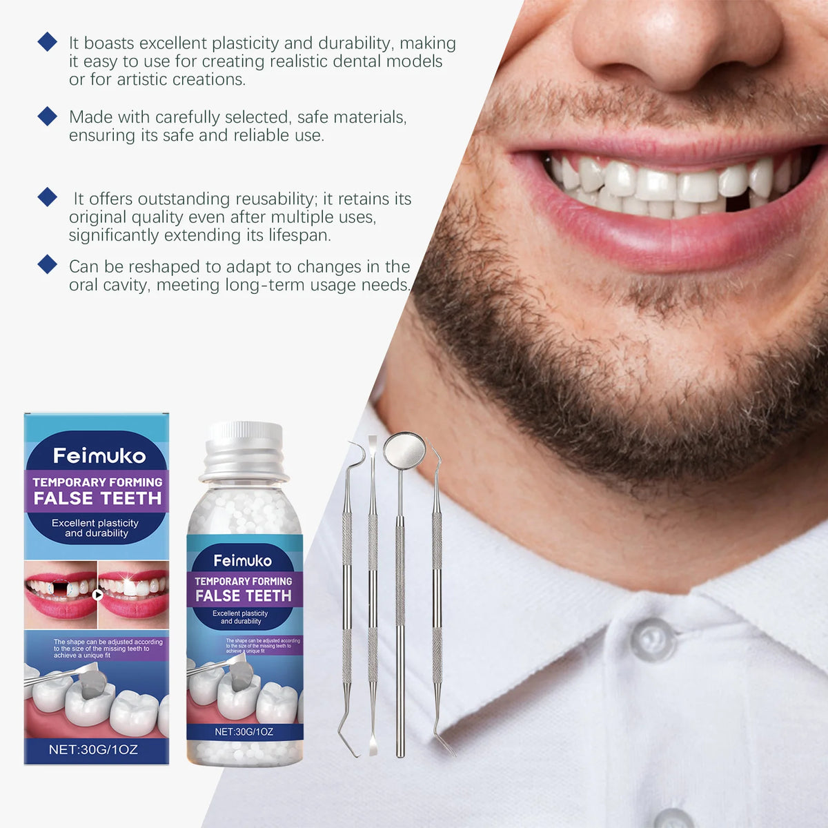 Moldable Denture Gel for Custom False Teeth, Convenient to Use, Effectively Boosts Your Smile and Restores Confident Dental Beau Vue