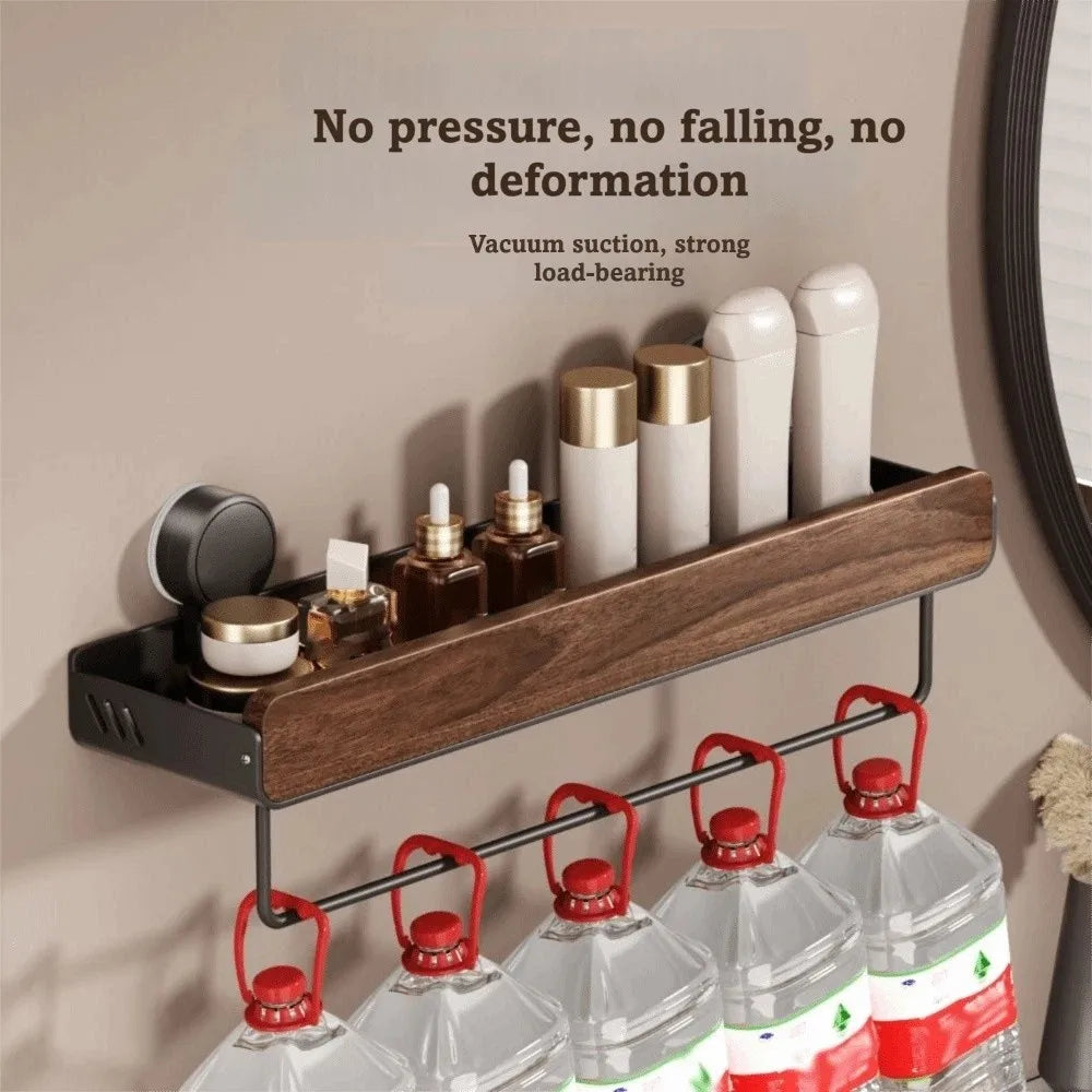 Mid-Century Modern Bathroom Shelf Walnut Finish Space Saving Bathroom Storage Rack Suction Cup Strong Grip Vue