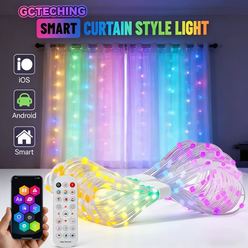 400LEDs Smart Curtain Lights, Bluetooth App RGB Fairy String Lights, DIY Music Sync LED Lights for Window Bedroom Decoration Vue