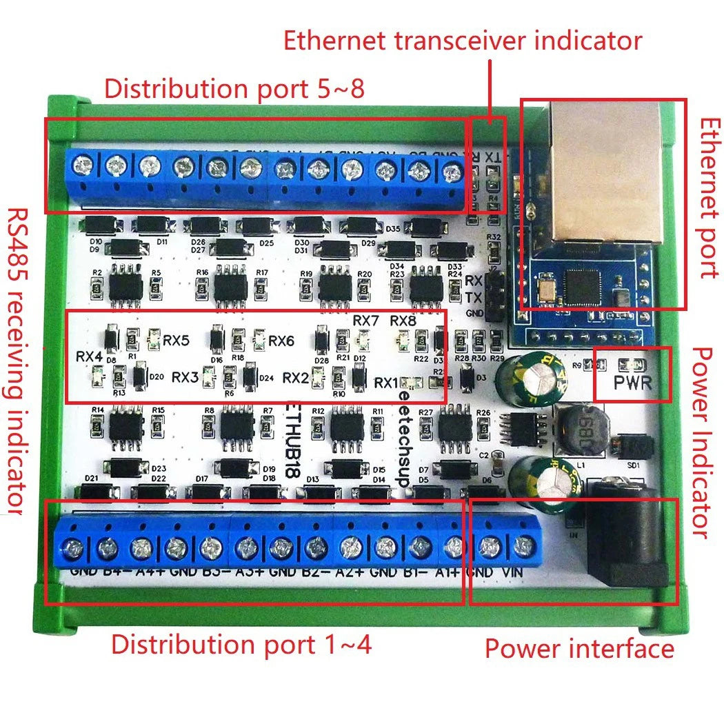 1 to 8 Ethernet Network RJ45 to 8 Port RS485 HUB Converter for UDP TCP Modbus TCP RTU MQTT HTTP PLC Configuration Software Vue
