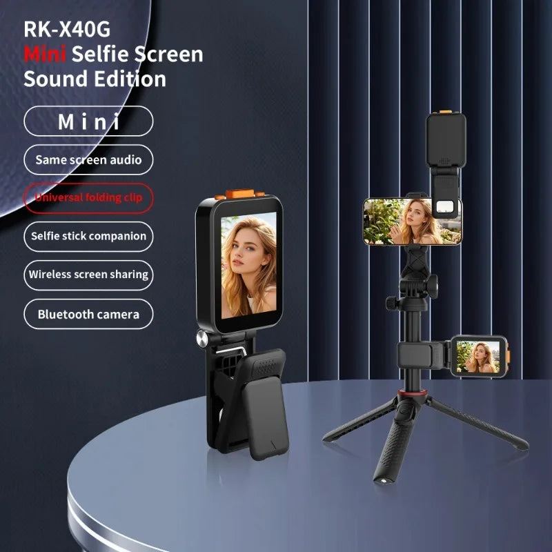 Mini Portable Selfie Phone Screen For iPhone Vlog Selfie Monitor with Sound Projection Bluetooth Remote Photography RK-X40G Vue