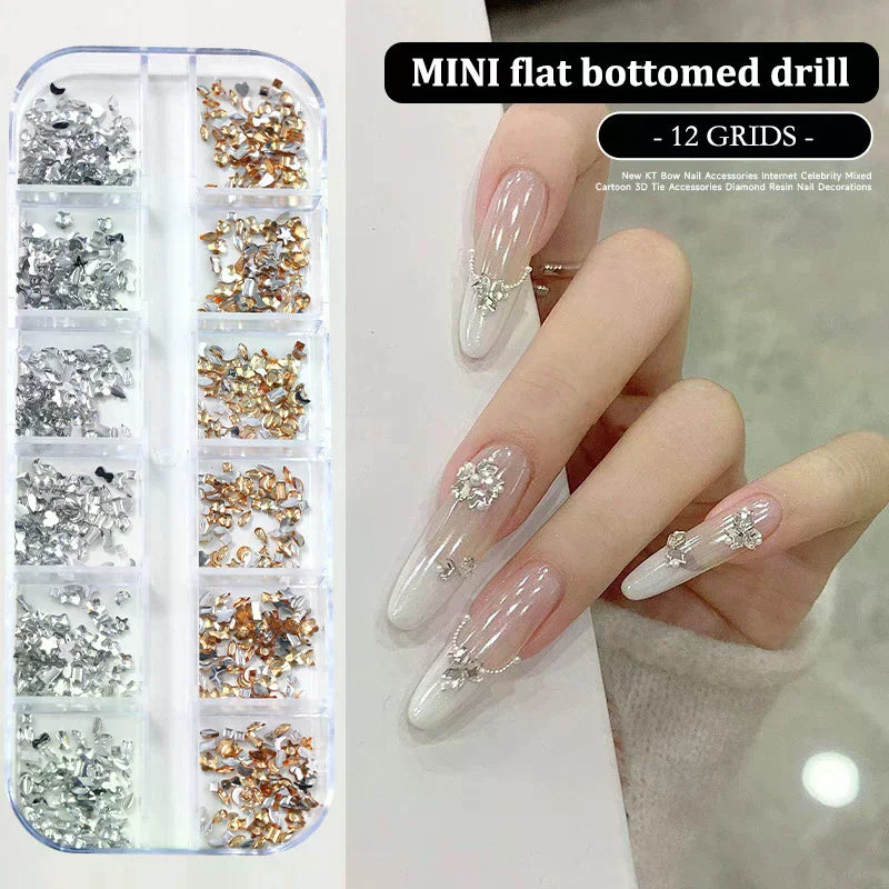 12 Grids/Box Nail Art Multi Shape Flat Back Crystal Rhinestone Dazzling Diamonds Strass Manicure Tip 3d Decoration Vue