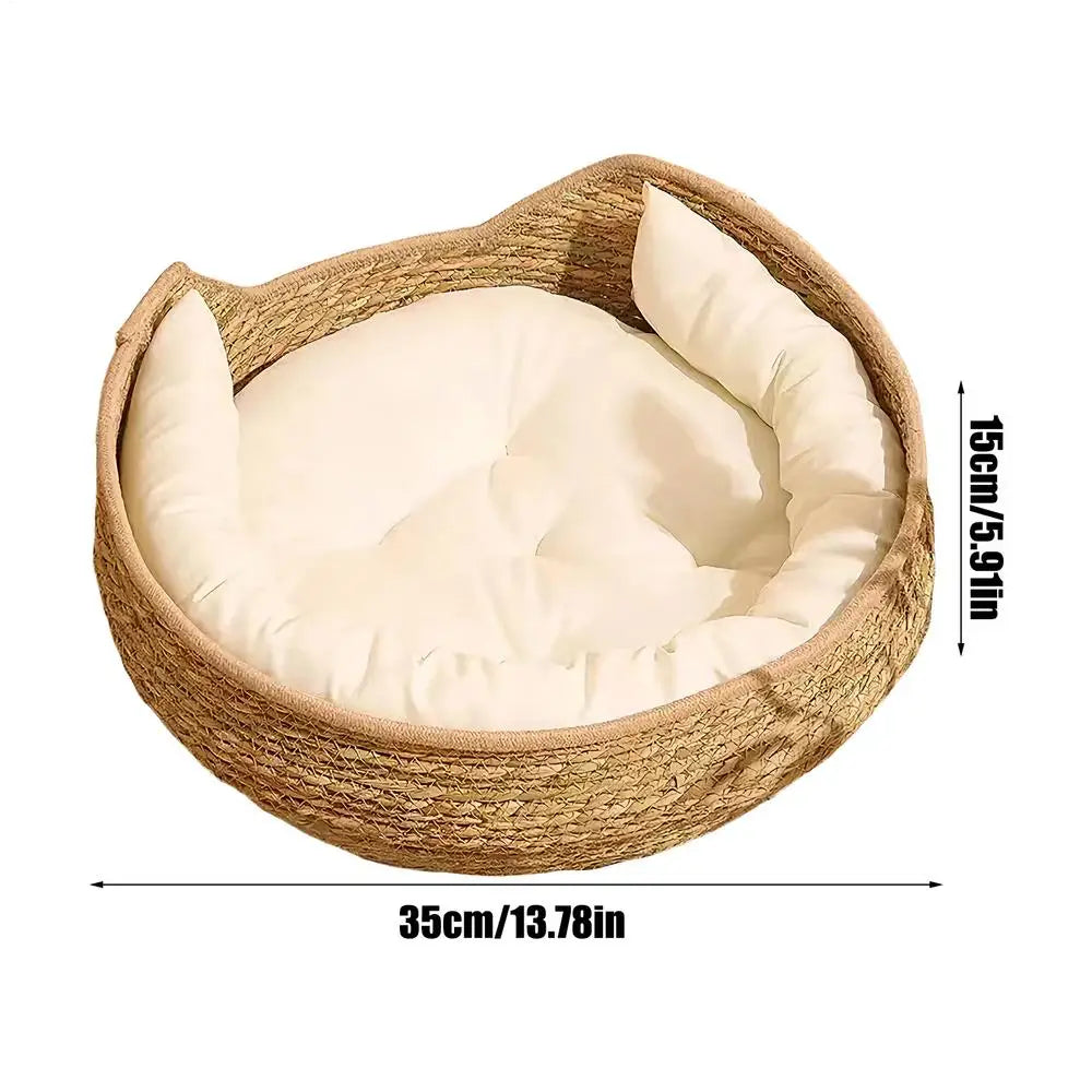 35x13cm Round Cotton Rope Cat Bed, All Season Woven Pet Sleeping Basket with Pillow, Comfortable Kitten Resting Nest for Home Vue A