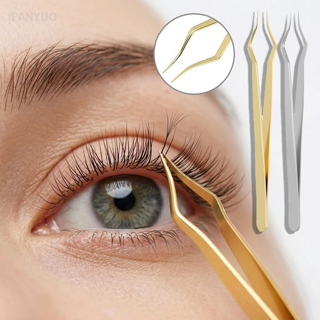 Square Curved Tip Tweezers Lash Extension Tweezers High Precision Silver Gold Stainless Steel Anti Slip Quick-Separator Tools Vue