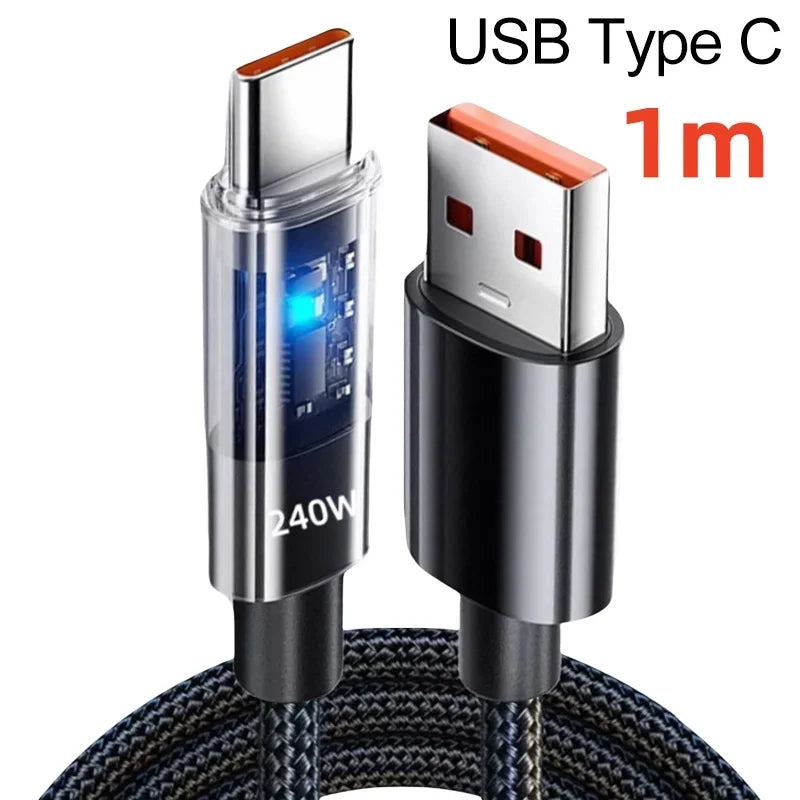 240W Charging Cable Nylon Super Fast USB Type C For Samsung Xiaomi Huawei Honor LED Digital Display USB C Charger Data Cord Vue USB Type C 1m